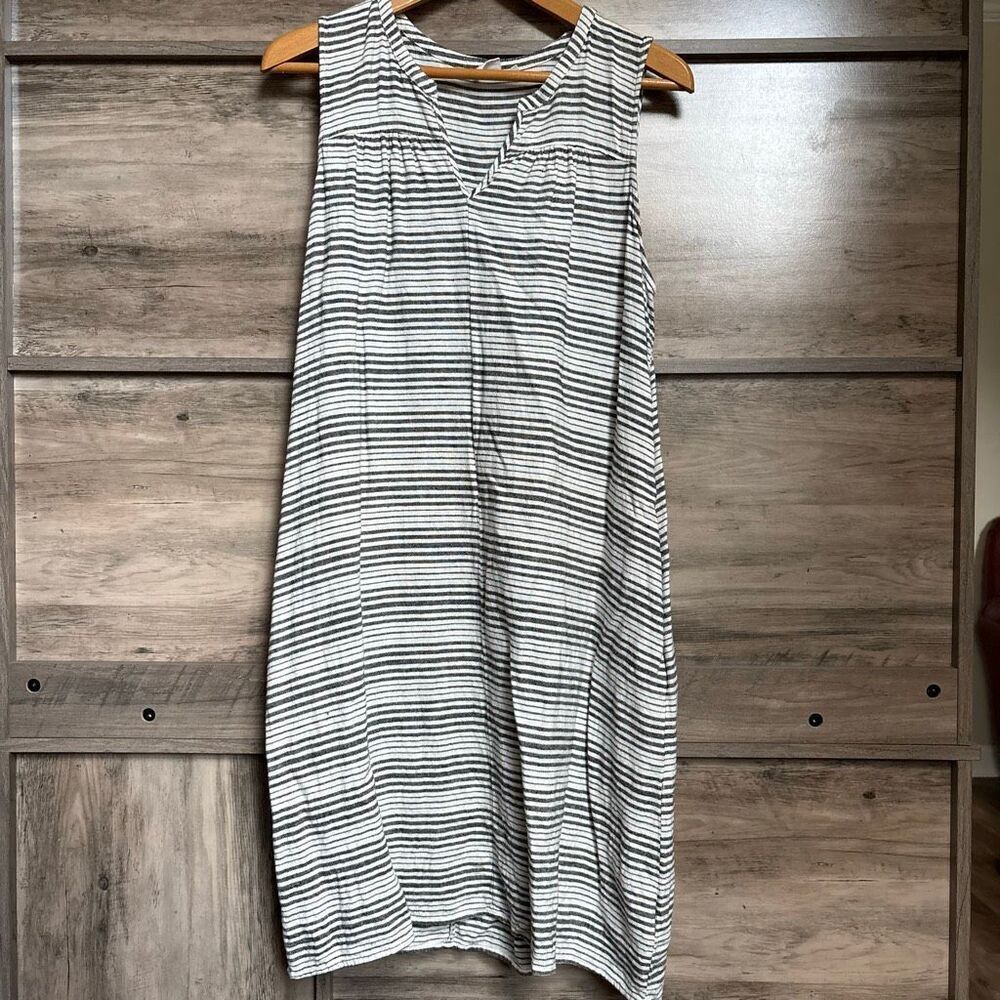 GAP L Black Cream Striped Dress Pockets Linen Preppy Artsy Boho Boardwalk Hippie